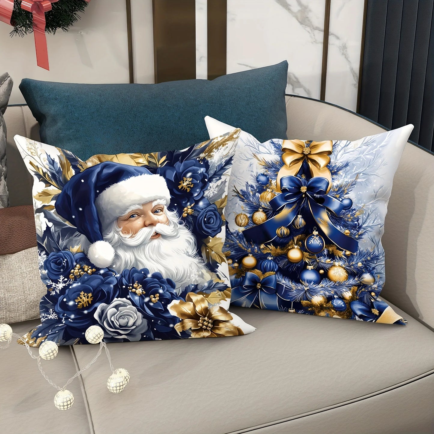 Christmas decoration pillow cover blue Santa Claus Snowman pattern living room sofa cushion cover room home decoration