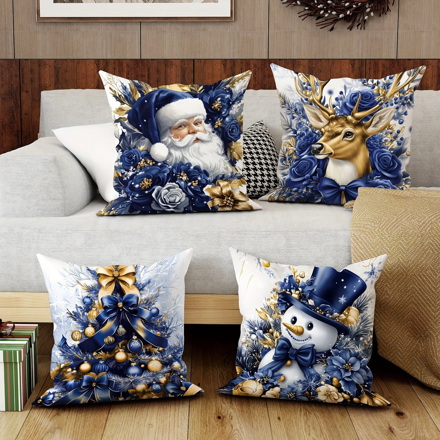 Christmas decoration pillow cover blue Santa Claus Snowman pattern living room sofa cushion cover room home decoration