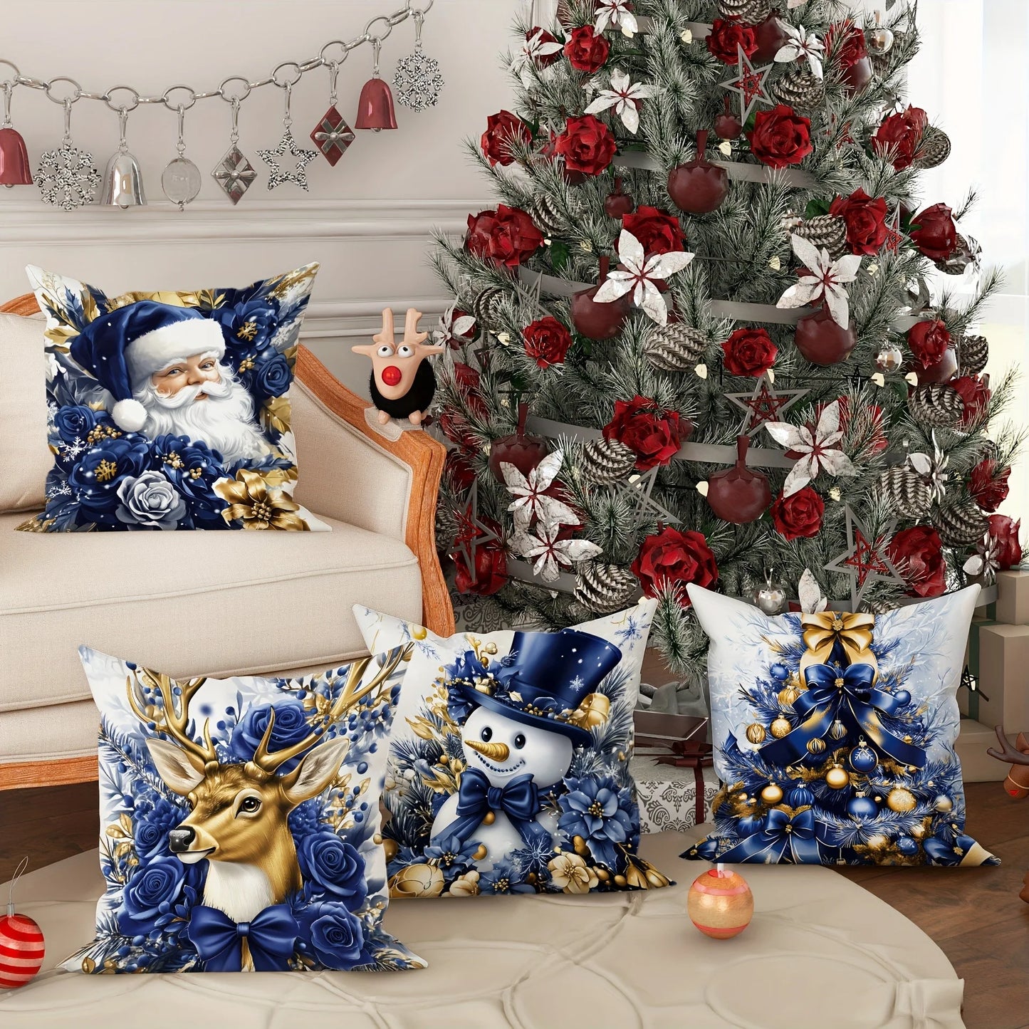 Christmas decoration pillow cover blue Santa Claus Snowman pattern living room sofa cushion cover room home decoration